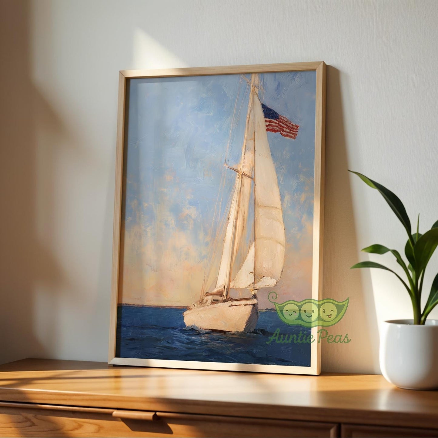 Sailboat Oil Painting American Flag