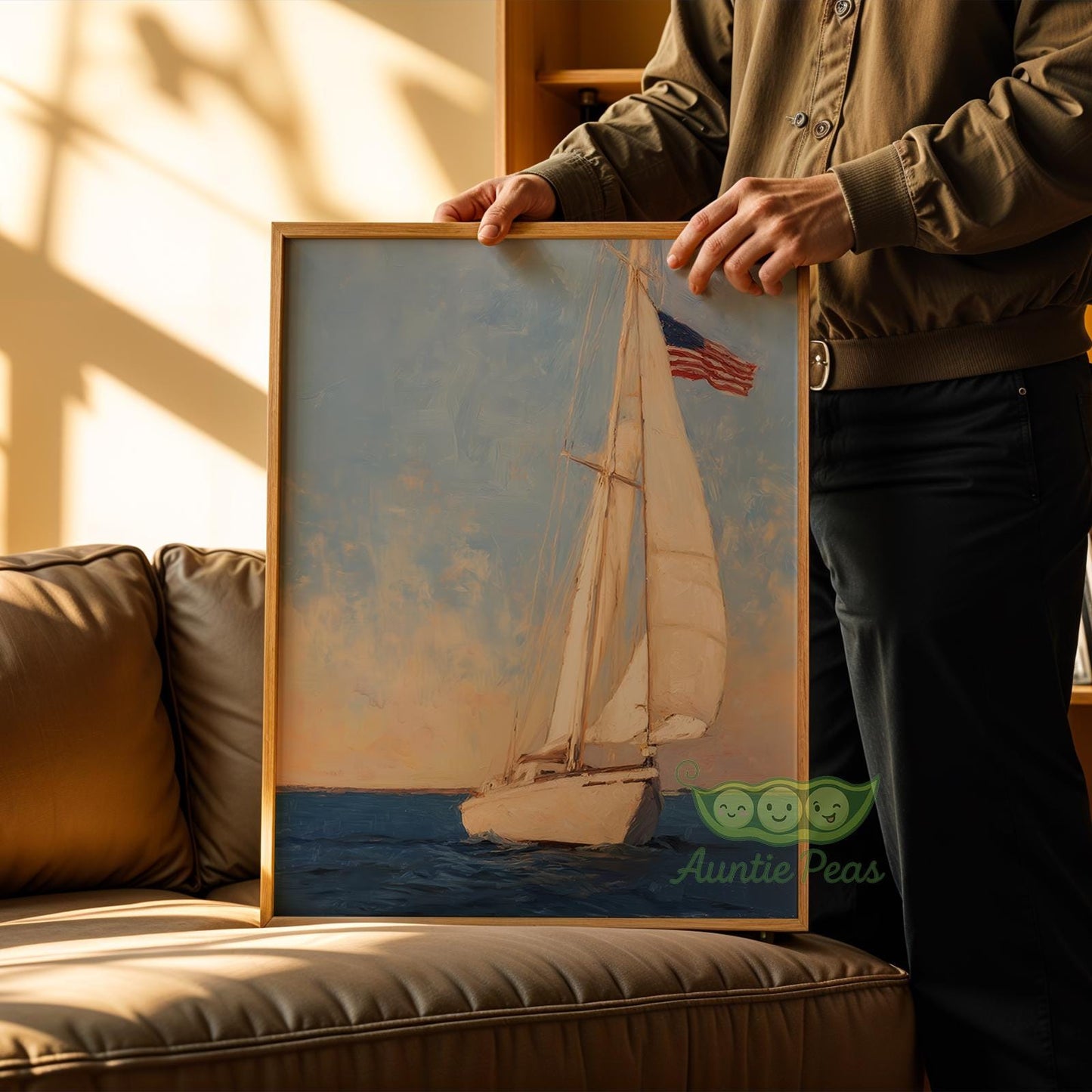 Sailboat Oil Painting American Flag