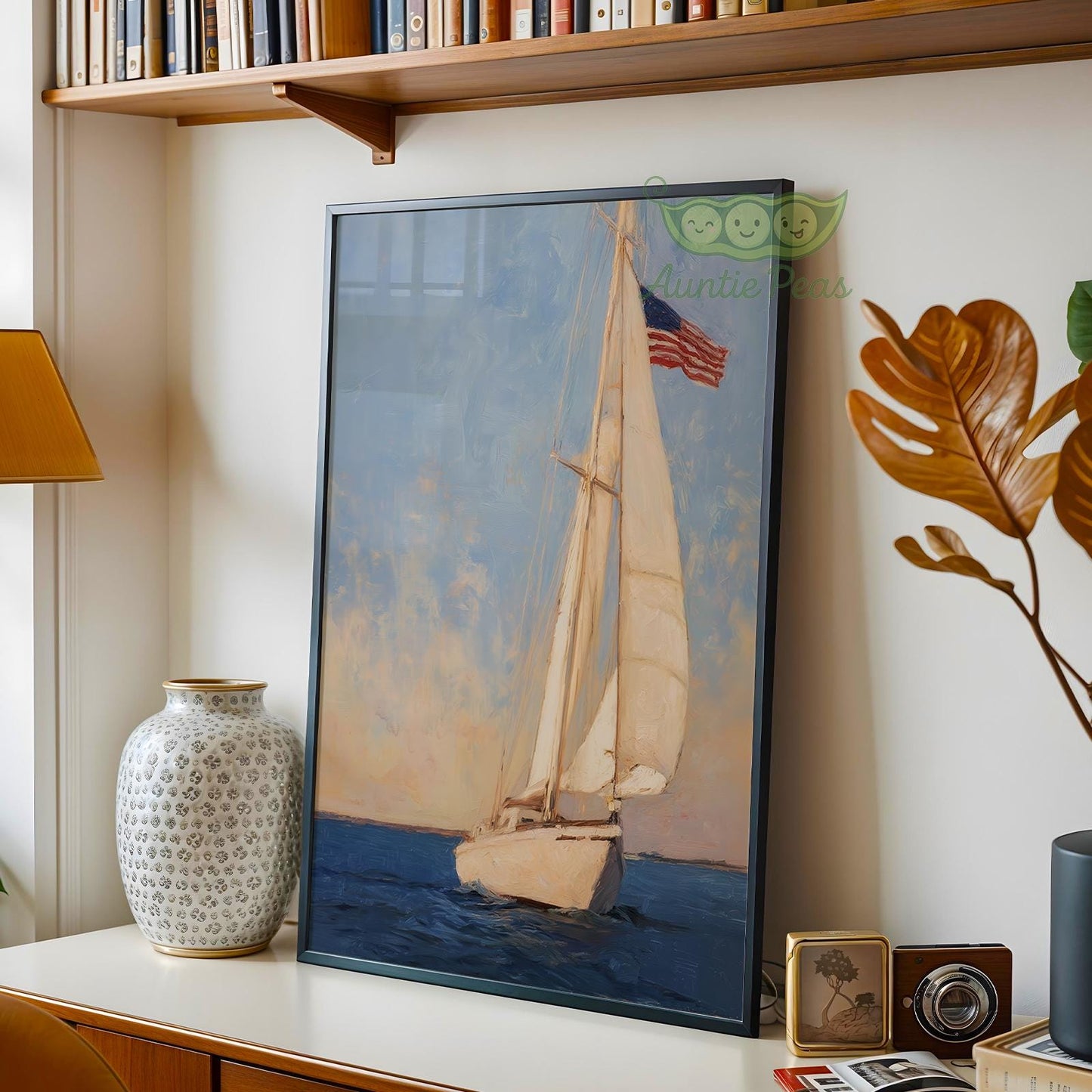 Sailboat Oil Painting American Flag