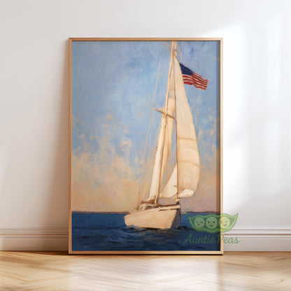 Sailboat Oil Painting American Flag