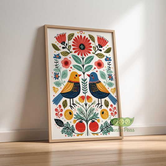 Framed Scandinavian Folk Art Birds